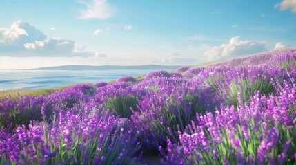 the South French landscape with lavender fields and the tranquil sea in a live action shot, showcasing a modern minimalist style with realistic, long shots and super high-quality details.