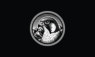 Peregrine falcon head design, mountain, sky logo design 