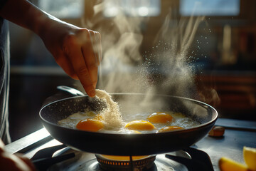 A dramatic shot of a woman seasoning eggs with salt and pepper in a sizzling skillet, with steam rising from the pan and spices dispersing in the air, creating a sense of culinary