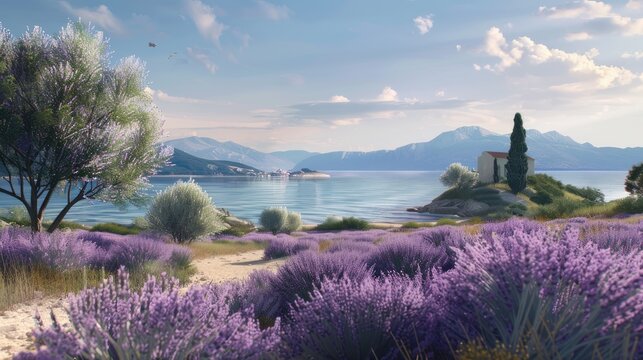 the South French landscape with lavender fields and the tranquil sea in a live action shot, showcasing a modern minimalist style with realistic, long shots and super high-quality details.