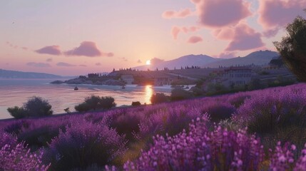the South French landscape with lavender fields and the tranquil sea in a live action shot, showcasing a modern minimalist style with realistic, long shots and super high-quality details.