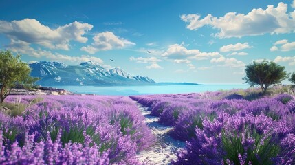 Fototapeta premium the South French landscape with lavender fields and the tranquil sea in a live action shot, showcasing a modern minimalist style with realistic, long shots and super high-quality details.
