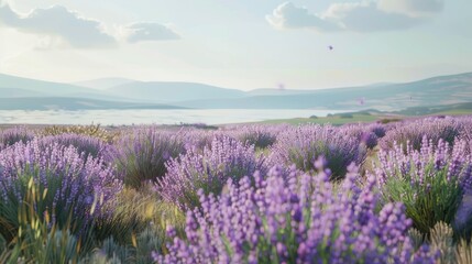 Fototapeta premium the South French landscape with lavender fields and the tranquil sea in a live action shot, showcasing a modern minimalist style with realistic, long shots and super high-quality details.