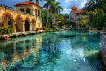The famous and historic Venetian Pool is a swimming hole located in Coral Gables, Florida. This collection of stock photos beautifully conveys the charm of lush landscapes, glistening waterways, 