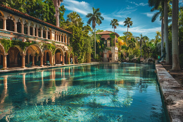 The famous and historic Venetian Pool is a swimming hole located in Coral Gables, Florida. This collection of stock photos beautifully conveys the charm of lush landscapes, glistening waterways, 