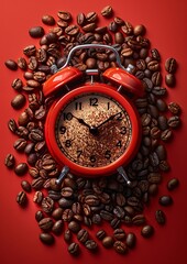 A coffee image featuring a vintage red alarm clock surrounded by roasted coffee beans on a red background, indicating morning, coffee time or coffee o clock