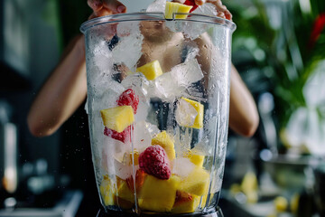 A dynamic image of a woman adding handfuls of frozen fruit and ice cubes into a blender, with chunks of mango, pineapple, and strawberries tumbling into the mix, creating a visuall - obrazy, fototapety, plakaty