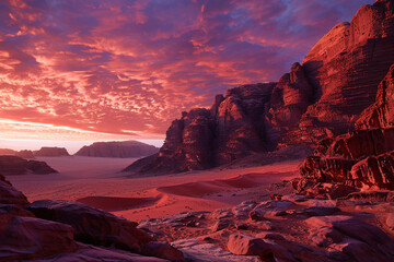 This image of Jordan's Wadi Rum desert, with its reddish-pink sky overhead, resembles the surface of Mars. It has served as a filming setting for numerous science fiction productions.