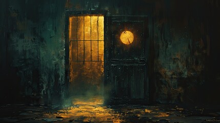 warm tones of brown and black, devoid of perspective, featuring contrasting light and dark in a dimly lit room at night, with an obstructed foreground.