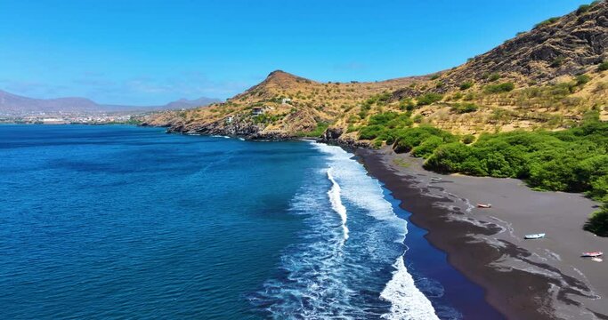 Aerial view of Ribeira Das Pratas beach in Santiago island in Cape Verde
