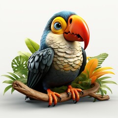 Naklejka premium Cartoon character toucan concept art isolated. Magical fairytale bird toucan 3d illustration for print of clothing, stationery, books, goods. 3D banner of a toy toucan.