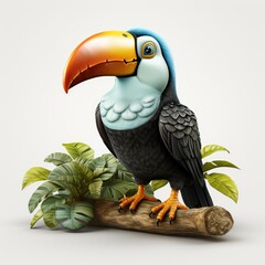 Cartoon character toucan concept art isolated.
Magical fairytale bird toucan 3d illustration for print of clothing, stationery, books, goods. 3D banner of a toy toucan.