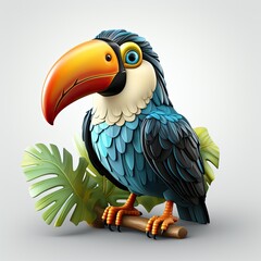 Naklejka premium Cartoon character toucan concept art isolated. Magical fairytale bird toucan 3d illustration for print of clothing, stationery, books, goods. 3D banner of a toy toucan.
