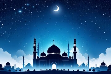 Tranquil Eid AlFitr background illustration in shades of blue and white. The mosque stands out in the misty sky, adorned with hanging stars.