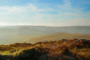 Ramshaw Rocks sunrise digital oil painting in the Staffordshire Peak District National Park.