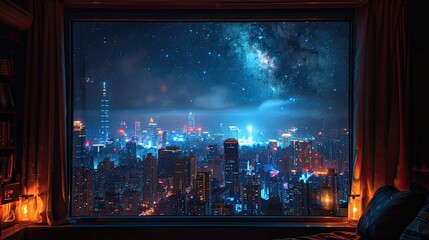 the city skyline from a window perspective late at night, featuring a solitary figure gazing out from a tall building, surrounded by the starry sky 