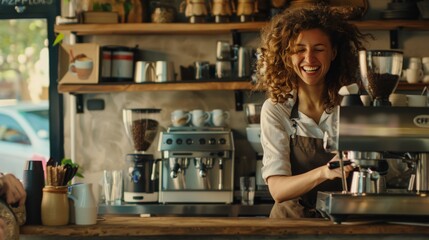 Joyful Barista at Coffee Machine