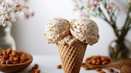 A scoop of ice cream in a cone sits on a table with a bowl of almonds