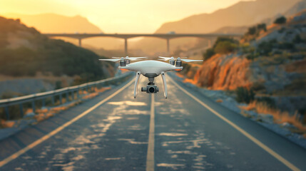 A drone with a camera flying over a highway road during sunset, with a blurred bridge and mountains in the background.