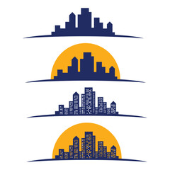 Vector sunset city skyline with modern buildings silhouette with reflection in water. Vector illustration. Skyscrapers in big city at sunset.City skyline silhouette.

