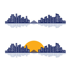 City architecture vector illustration, skyline city silhouette, skyscraper, flat design with reflection in water. Skyscrapers in big city at sunset. Bridge at sunset. City skyline silhouette.
