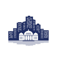 Bank, museum, post office, school, university or library  in city skyline with modern buildings silhouette with reflection in water. Vector illustration.