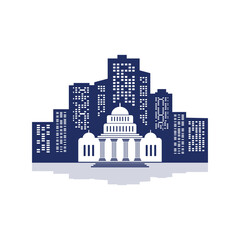 Bank, museum, post office, school, university or library  in city skyline with modern buildings silhouette with reflection in water. Vector illustration.