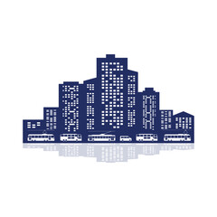 Vector city skyline with modern buildings silhouette with reflection in water and public transport . Vector illustration. City skyline silhouette.