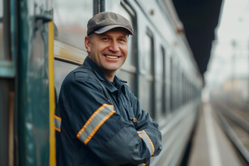 Portrait of a train conductor proudly stood leaning up against train. 