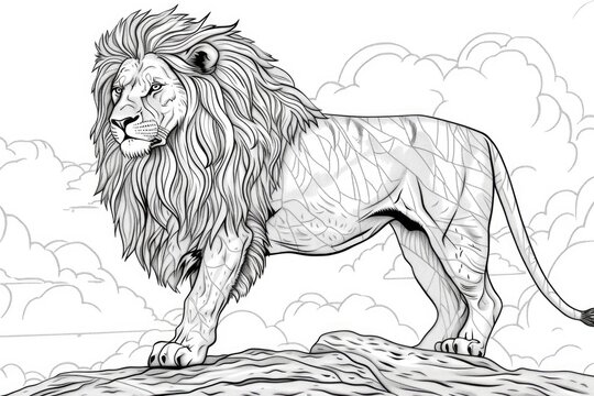 Lion standing on the rock coloring page for children. Black and white picture. AI Generated 