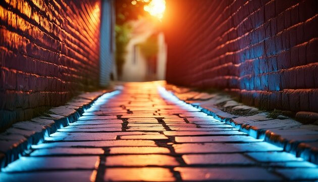 A neon sign in a dim alleyway, casting a warm glow and interesting shadows