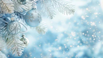 Fotobehang Christmas and New Year banner on light blue background with copy space, decorated with fir branches and balls © Apalko