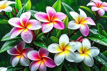 Fototapeta premium Plumeria flowers with rain drops in a tropical garden on blurred green leaves background