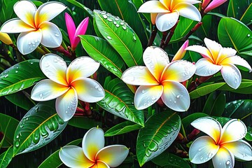 Plumeria flowers with raindrops in the rainforest under the sunlight.
