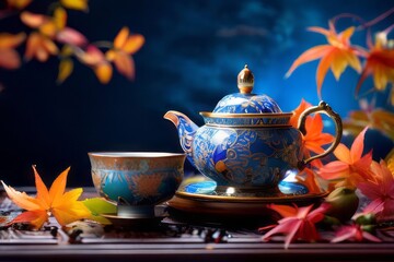 Tea Time Elegance: A picturesque tea setup featuring colorful cups and loose leaves against a vibrant backdrop, exuding sophistication.