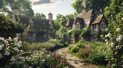 Fototapeta premium Old English stone village with a flower garden and trees on a sunny summer day. AI Generated 
