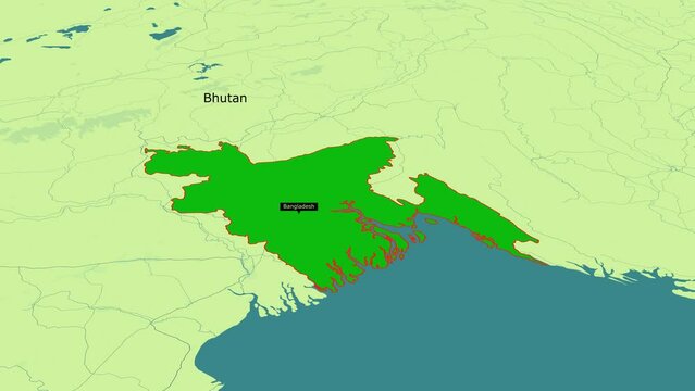 Bangladesh map Animation highlighted Green color zooming from top Space view. Asia Continent Country Bangladesh border with india and myanmar Detailed political country 3d map animation.