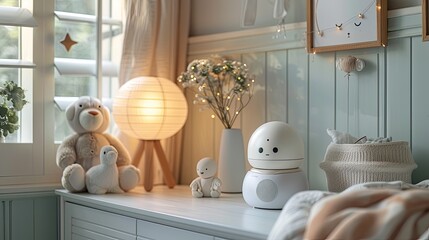 baby room with an electronic nanny placed on the night table, ensuring a watchful eye over the little one.