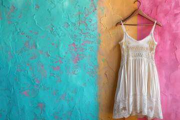 white dress with spaghetti straps in boho style, on a hanger against the background of an old painted wall, copy space