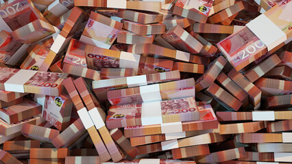3D rendering of pile of stacks of 200 Ghanaian cedi notes spread on screen surface. money cedis background