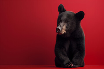 A contemplative black bear sits against a stark red background, its eyes cast thoughtfully to the side - obrazy, fototapety, plakaty