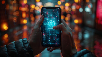 A photograph of the screen of a mobile phone in the hands of a girl, depicting a cybersecurity animation of the stored data. The atmosphere of the night city. Reliability of data security