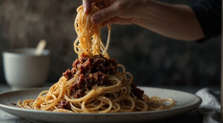 Pasta with meat on a plate, close-up