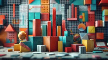 3D illustration of a cityscape made of blocks of various colors and heights, with a globe in the foreground and a colorful background.