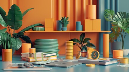 3d render of a desk with a laptop, books, money, plants, and other office supplies in an orange and blue color scheme