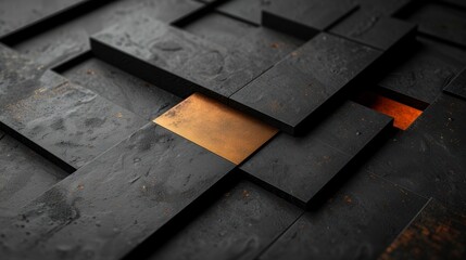 3d render of beveled black and copper tiles
