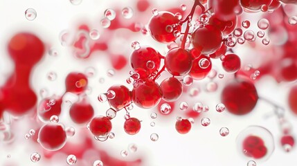A vivid cluster of red spheres interspersed with translucent bubbles