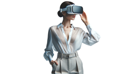 Modern businesswoman in VR headset, merging tech with professional style.