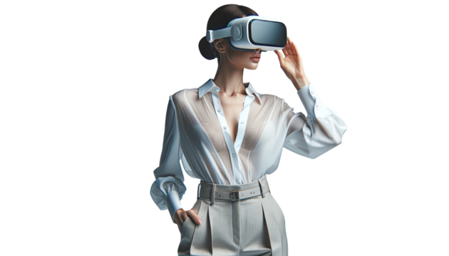 Modern businesswoman in VR headset, merging tech with professional style.