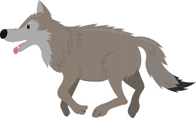 Running wolf isolated on white background. Vector cartoon animal illustration for kids.